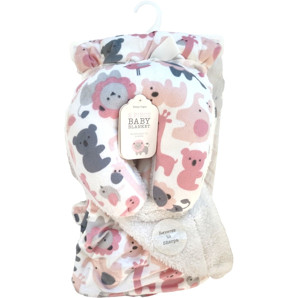 SL Home Fashions Pink Jungle Animals Baby‎ Blanket Sherpa Neck Support 119741